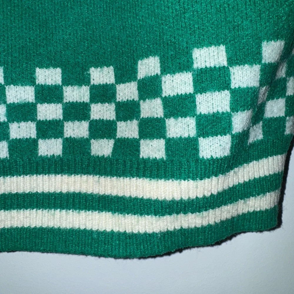 Rare Smiley Patchwork Knit Bomber Jacket Green Leopard Check Full Zip Streetwear